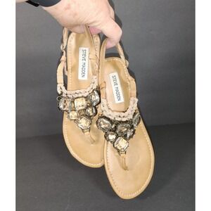 STEVE MADDEN Garnish Flat Sandals Womens 7.5 Tan Leather Jeweled T-Strap Boho